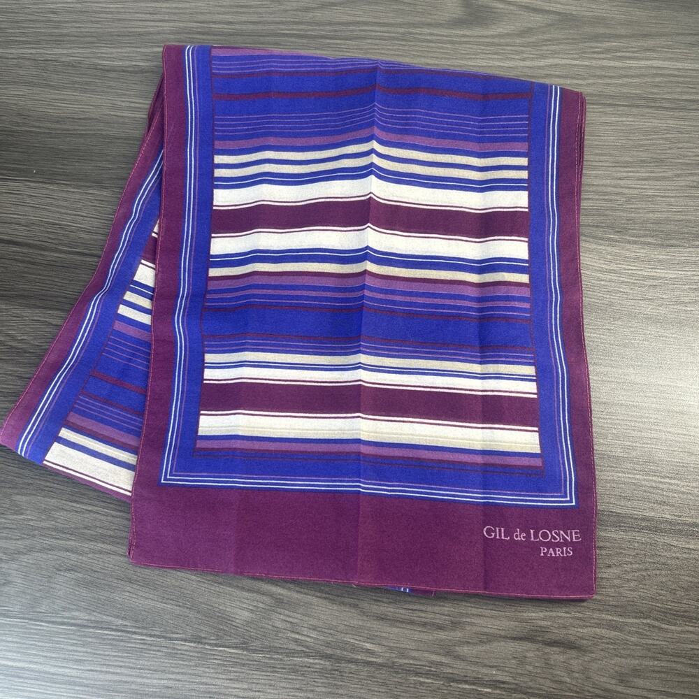 Vintage Gil de Losne Paris Scarf Blue Cranberry Beige Striped 10x50 Long